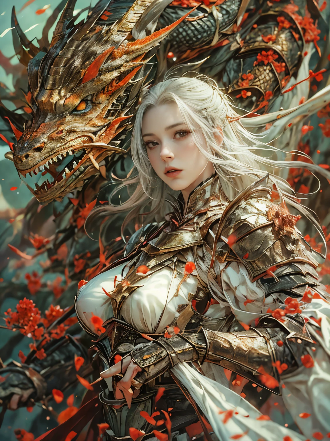 (8K, highest quality, masterpiece),(Realistic, RAW Photos, Super Fine Clear), Realistic Light, Detailed skin, Beautiful woman, ((25-year-old girl, dragon knight:1.5)), Thin legs, fine grain, white long hair, Detailed fingers, thin, Sexual, Ecstasy facial expression, (Super big boucing firm bust), The chest part of the armor is wide open, Chest exposed, (deep scarlet armor), (flower garden, Flower storm), lakeside palace, one golden dragon, standing beside of the dragon