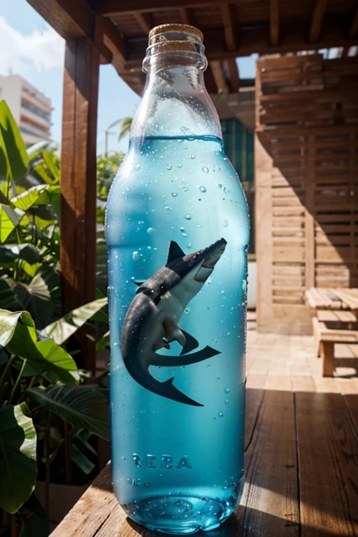 genera una botella de refresoco que tenga un tiburon como centro