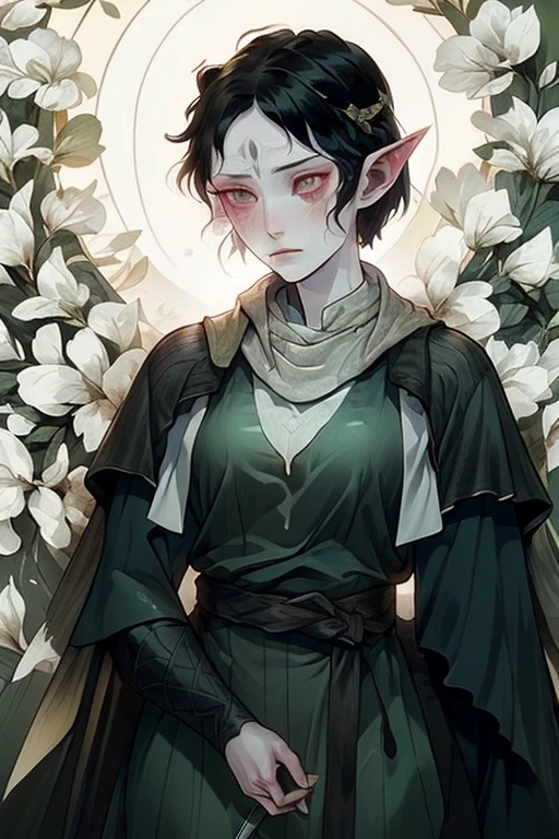 In Merrill, 1 girl, flower, Pointed ears, One, black hair, short hair, Scar, a knife, weapon, tears, elf, face tattoo
