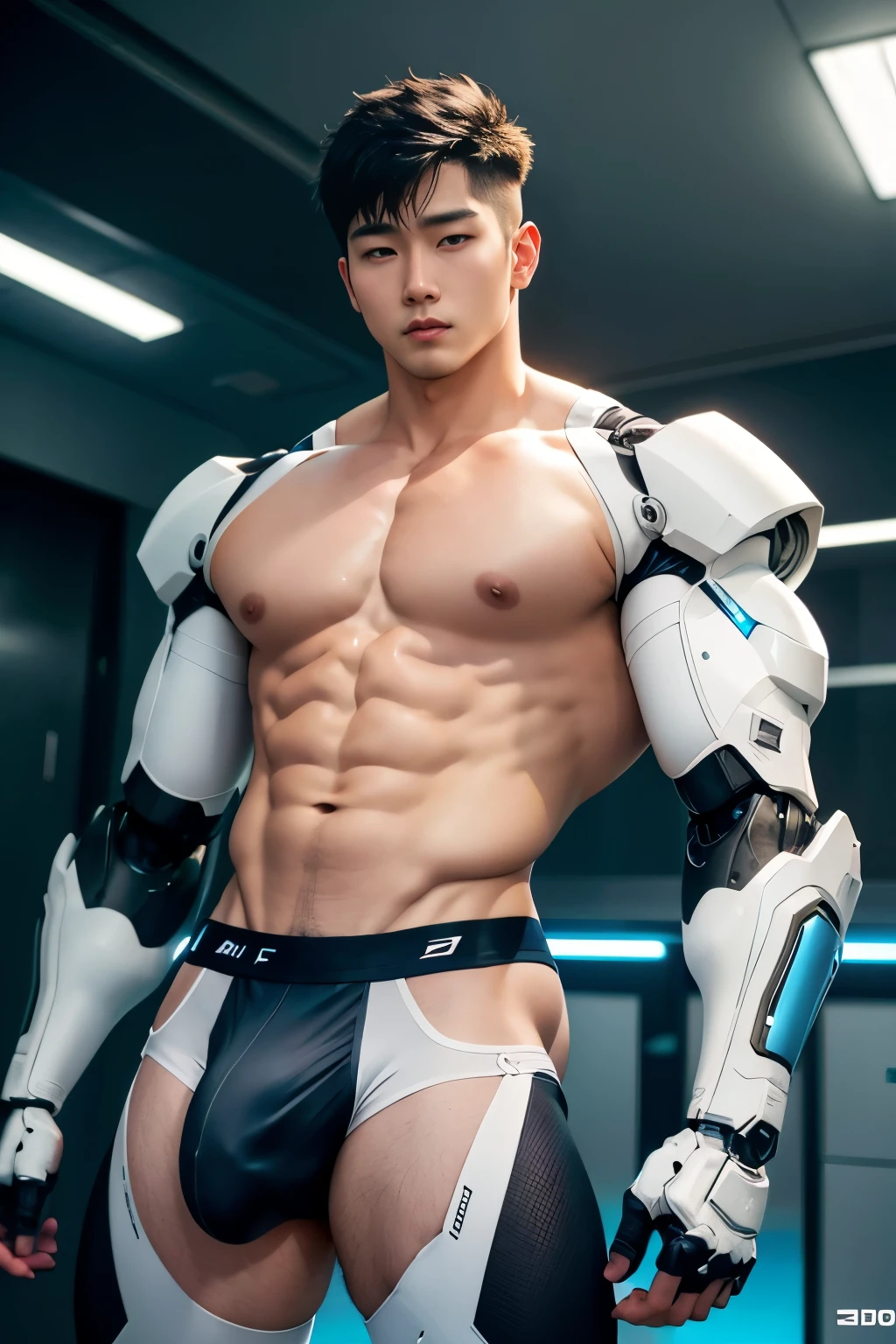 HOMEM COREANO, SEM CAMISA, rosto bonito, PEITO MUSCULAR, volume na cueca, bulge, grande, futuristic, robot body