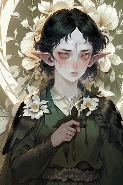 In Merrill, 1 girl, flower, Pointed ears, One, black hair, short hair, Scar, a knife, weapon, tears, elf, face tattoo
