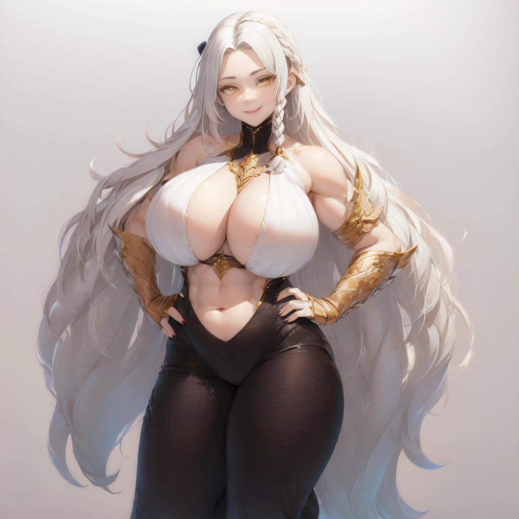 (((Plain background 1:2))) (masterpiece, high quality: 1.1) 1girl full body standing, hairstyle with a braid, white colored hair, yellow eyes, perfect lighting, muscular, thighs, mature woman, mummy, bellybutton, abs, looks at the viewer smile RED CHEEKS, extremely huge breasts, maternal, porcelain skin, extra very long hair, sparkly skin, good face, chest cover, HANDS ON HIPS