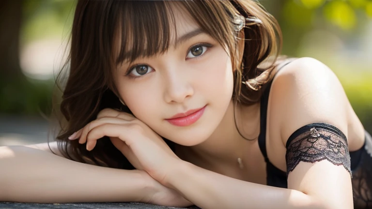 Black Lingerie,(1 girl:1.2),(8k, highest quality, masterpiece), (Realistic, Photorealistic:1.37), Very detailed, Adorable, alone, Cute Japanese Woman,Brown haired,With bangs, curly, Shoulder hair, Beautiful and delicate eyes,The eyes tell the story of a smile,Moisturizes the skin,V-neck white knit,exciting,Very sexy,Bright sunlight、Detailed Background、