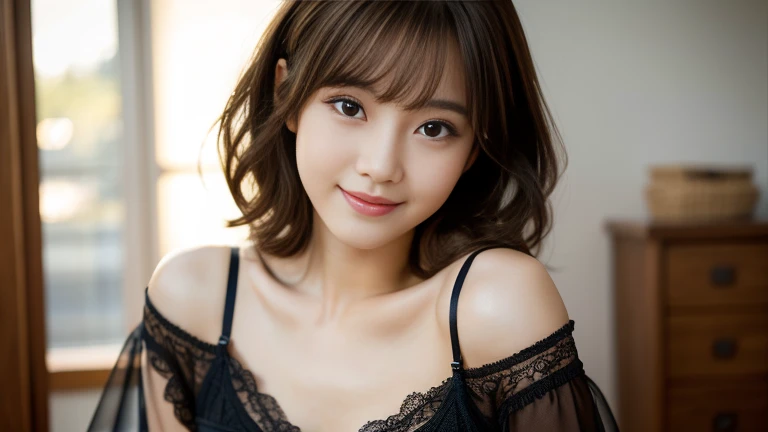 Black Lingerie,(1 girl:1.2),(8k, highest quality, masterpiece), (Realistic, Photorealistic:1.37), Very detailed, Adorable, alone, Cute Japanese Woman,Brown haired,With bangs, curly, Shoulder hair, Beautiful and delicate eyes,The eyes tell the story of a smile,Moisturizes the skin,V-neck white knit,exciting,Very sexy,Bright sunlight、Detailed Background、