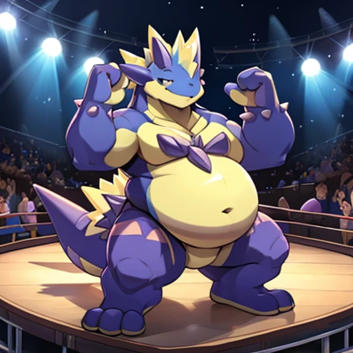 Pokemon LowkeyToxtricity, wink, blue belly, blue abdomen bashful, cute, fat, blue belly, on a concert stage, blue abdomen, blue chest, blue