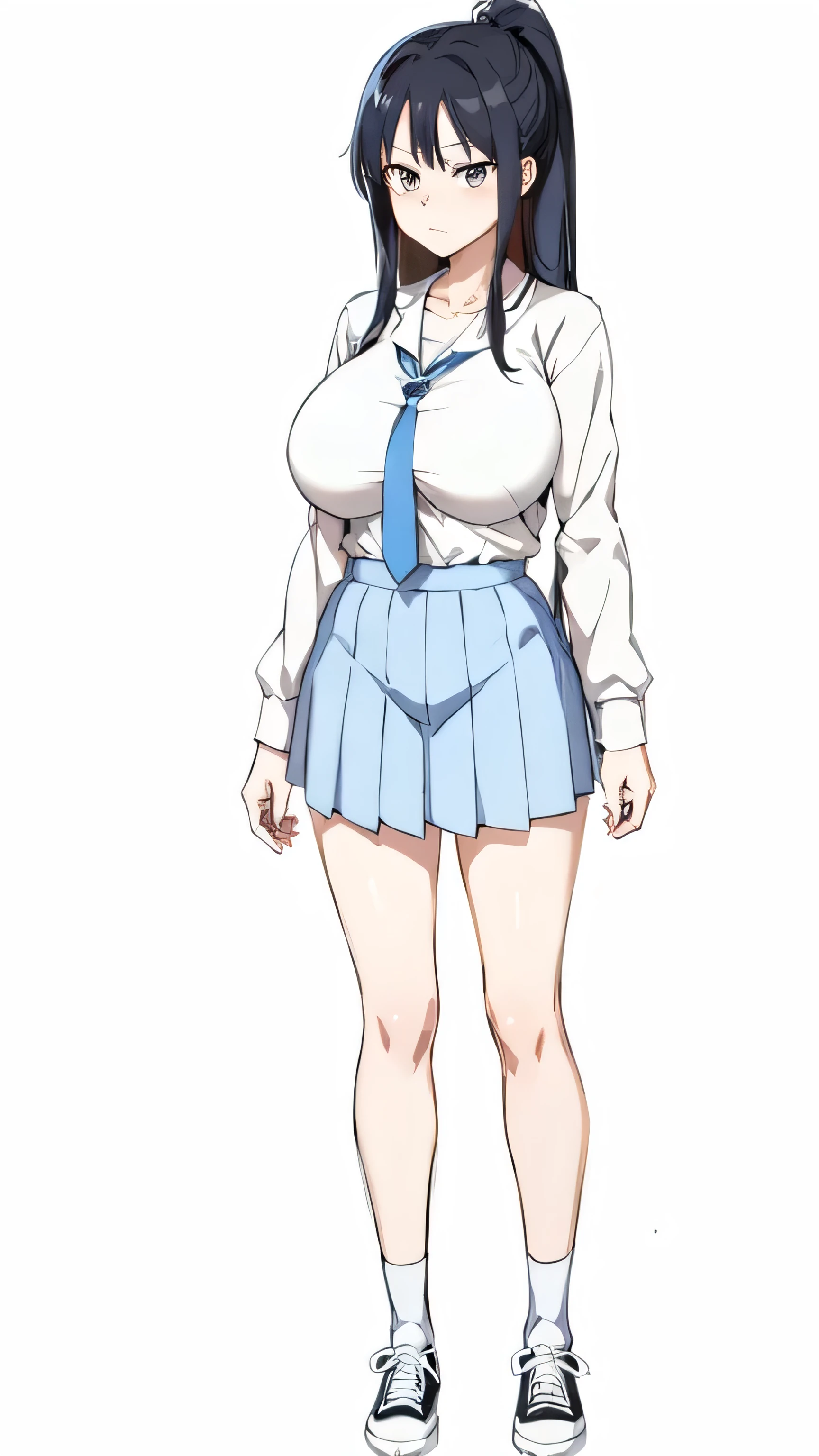 anime girl with ponytail and tie in a , anime moe artstyle, as an anime character, wearing , wearing a , nagatoro, an anime girl, cel shaded anime, wearing japanese , hinata hyuga, cel - shaded art style, beautiful anime high school girl, female anime character, anime character, in an anime style, ((full body)), converse, converse high, (big breasts), highly detailed face, cool, mom, tomboy, ((angry eyes)),