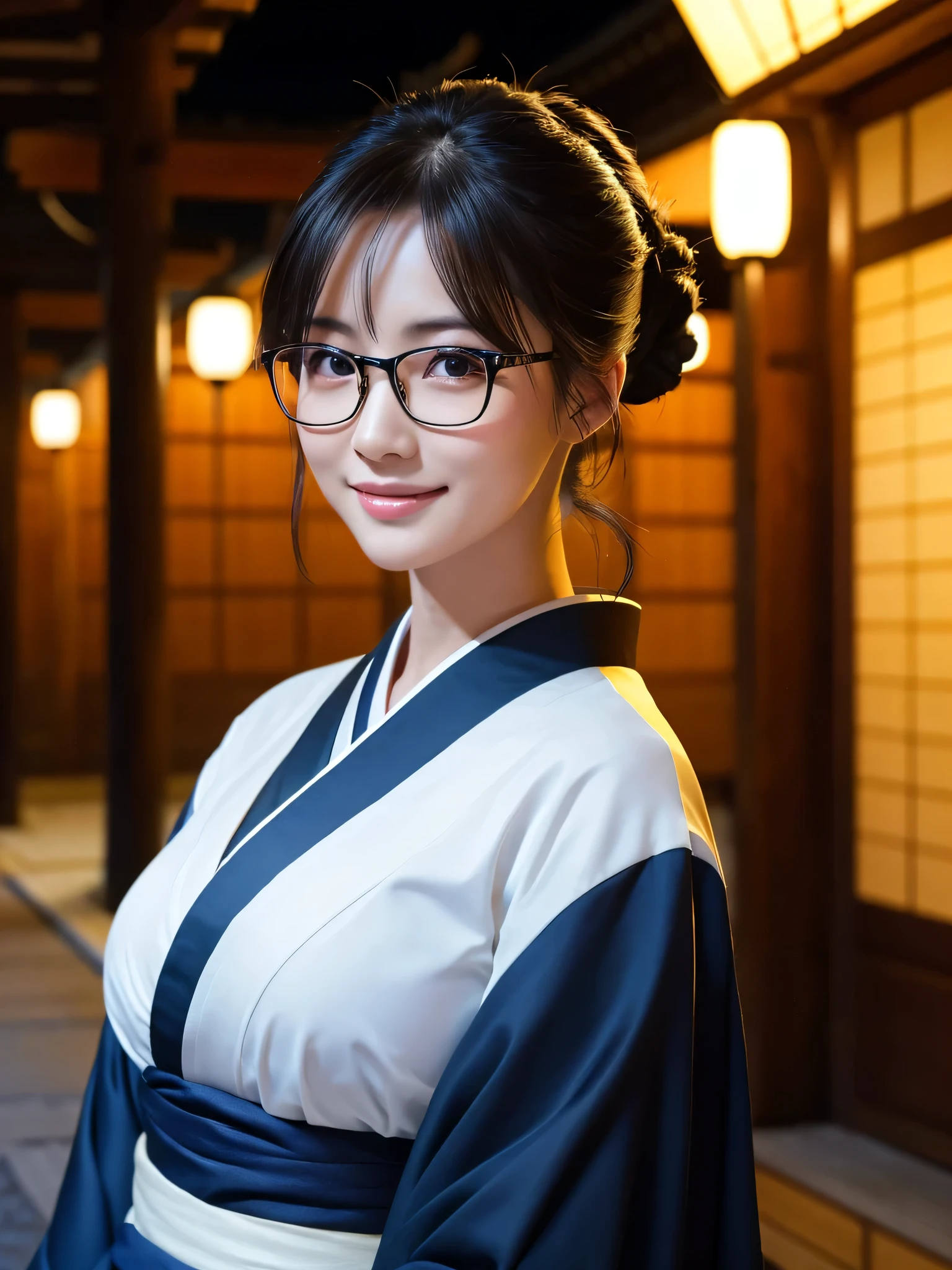 (Super beautiful woman in kimono)、((highest quality、8K masterpiece:1.3))、sharp focus:1.2、(super beautiful face:1.0)、(shiny skin:1.0)、realistic pictures、black hair、video lighting、High resolution eyes and face、video lighting、japanese actress、from the front、big breasts、with a happy smile、Slender abs beauty、whole body、wearing a kimono、in Kyoto、luxury obi、In Kyoto at night、wearing glasses with no edge
