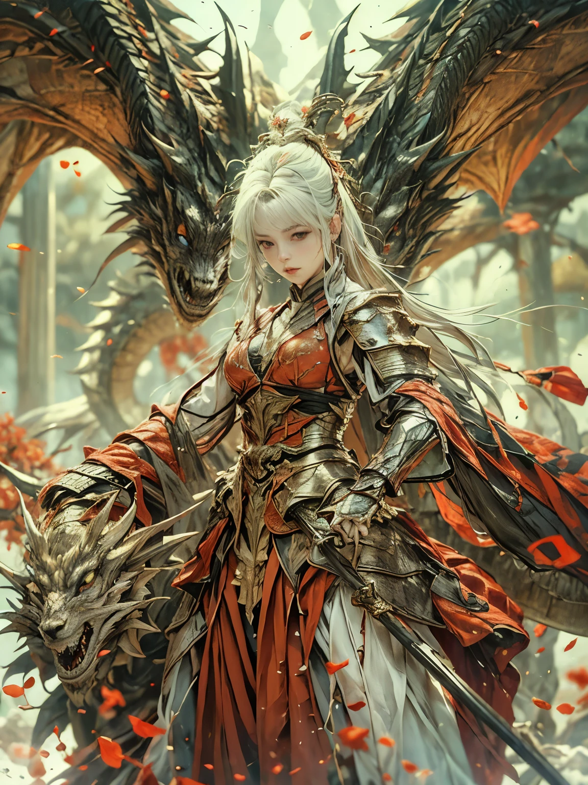 (8K, highest quality, masterpiece)，(Realistic, RAW Photos, Super Fine Clear), Realistic Light, Detailed skin, Beautiful woman, ((25-year-old girl, dragon knight:1.5)), Thin legs, fine grain, white long hair, Detailed fingers, thin, Sexual, ??????? facial expression, (Super big boucing firm bust), The chest part of the armor is wide open, Chest exposed, (deep scarlet armor), (flower garden, Flower storm), lakeside palace, one golden dragon, standing beside of the dragon