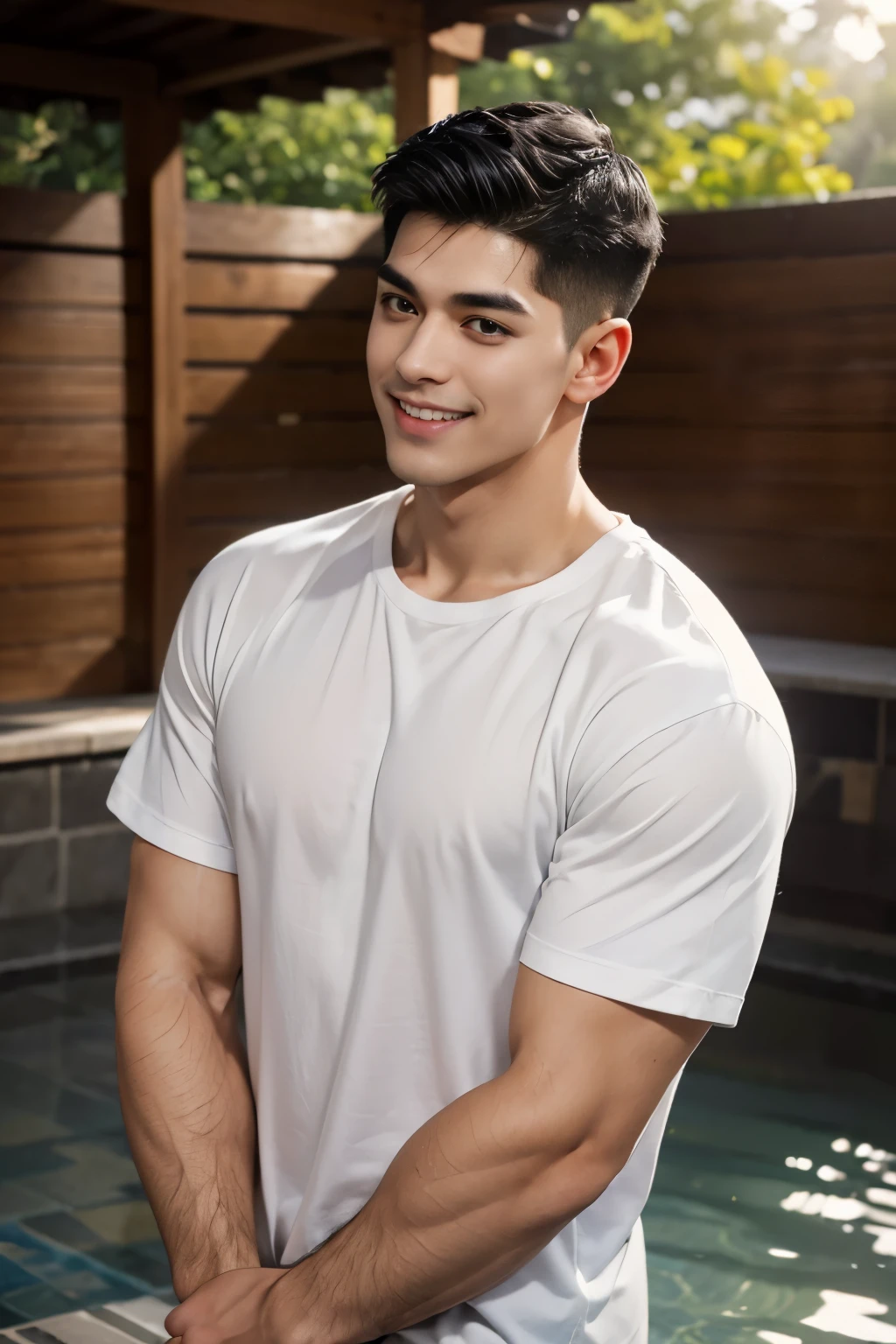 20 year old young man , (Crew Cut Hairstyle: 1.3 ), black hair, short hair details, burly handsome man , (Thin mustache: 1,3), (White shirt, round neck, short sleeves: 1.3) ,White swimming trunks, stalwart, handsome, outdoor, Take a shower with steam., hot spring, Onsen, sweat, Look at the viewer., depth of field, Bokeh, Detailed background, Detailed light, Diffused natural sunlight, Skin glows naturally, Symmetrical eyes, Big smile