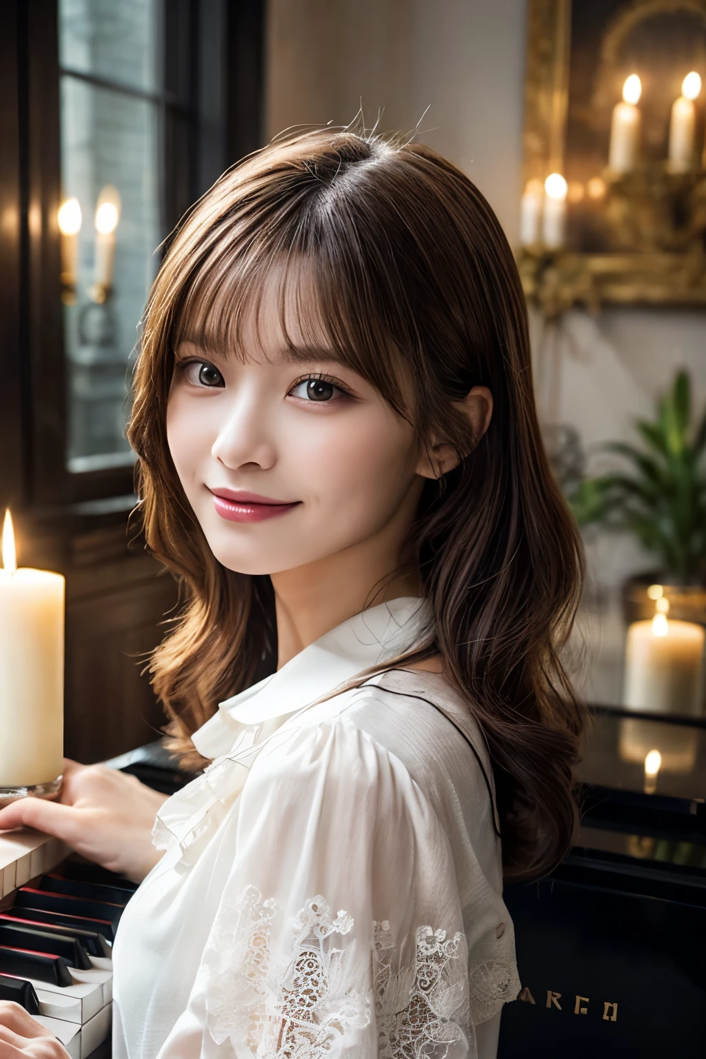 Hyperrealism, diamond watercolor, delicate shades, extravagance, portrait, Russian beauty, 50 years old, frontal face, brown hair, shoulder-length curly hair, red Russian folk sundress with embroidery with a white blouse, light smile, glare, piano, jne candle burning in the background plan, fog, pixel art, exquisite details, high detail, realism, dark botanical garden. high quality, interior, filigree, photo form.