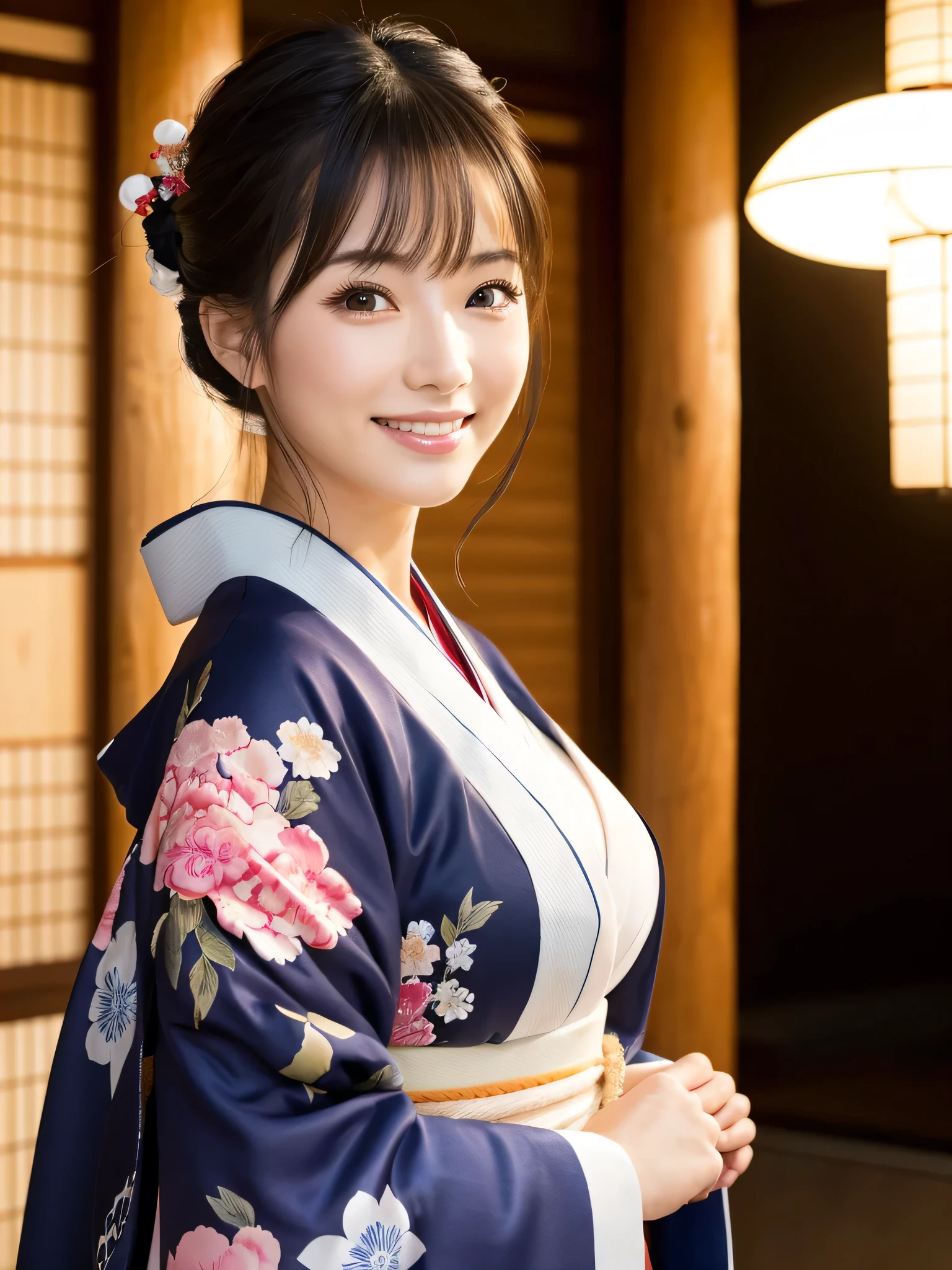 (Super beautiful woman in kimono)、((highest quality、8K masterpiece:1.3))、sharp focus:1.2、(super beautiful face:1.0)、(shiny skin:1.0)、realistic pictures、black hair、video lighting、High resolution eyes and face、video lighting、japanese actress、from the front、big breasts、with a happy smile、Slender abs beauty、whole body、wearing a kimono、in Kyoto、luxury obi、In Kyoto