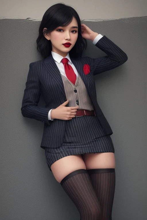 Set Skirt Pleated Short Skirt，Exposing your thighs。 Possession of a pistol, On alert, Ready for battle, Deserted Village, One girl, compensate, Silky Hair, Fully clothed, Skirt Suit, スーツとtie, (((Three-piece suit))), silk dress shirt, シャツとtie, tie, ((blazer)), ((Suit jacket)) ((No vest)), Bodycon mini skirt, pantyhose, tights, stockings, ((Red lipstick)), ((Pinstripe suit)), High heels, belt, tieピン, Pocket Chief, Tailored Suits