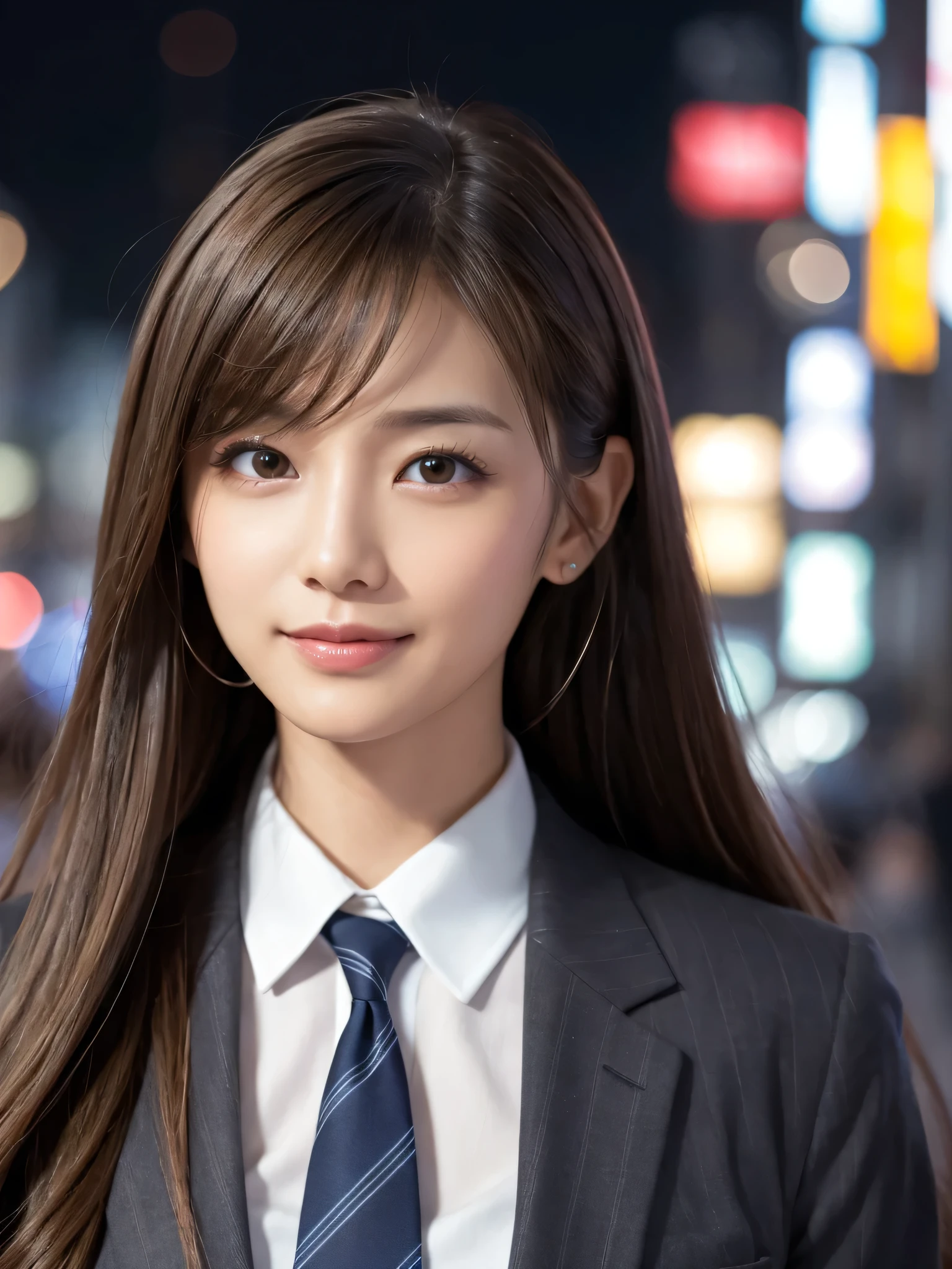 table top、highest quality、genuine、Super detailed、finely、High resolution、8k wallpaper、one beautiful woman、、、light brown disheveled hair、wearing a business suit、sharp focus、perfect dynamic composition、beautiful and detailed eyes、thin hair、Detailed genuine skin texture、smile、close-up portrait、model body shape、In Tokyo at night、