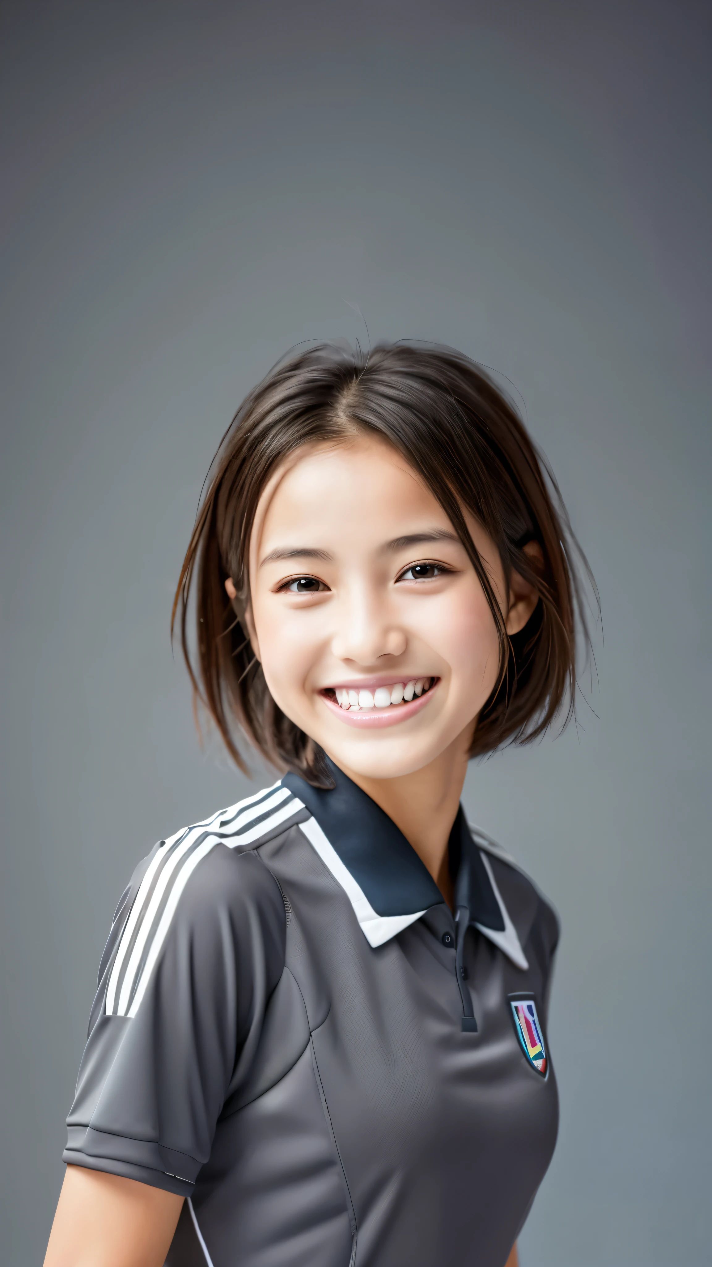 (Gray background:1.5, Close-up shot:1), (Realistic:1.4), (highest quality:1.0), (Ultra-high resolution:1.0), 8k, RAW Photos, (masterpiece:0.2), One girl, Beautiful Skin, Detailed skin, Big smile, teeth, (short hair:1), (Soccer uniforms:1.2)