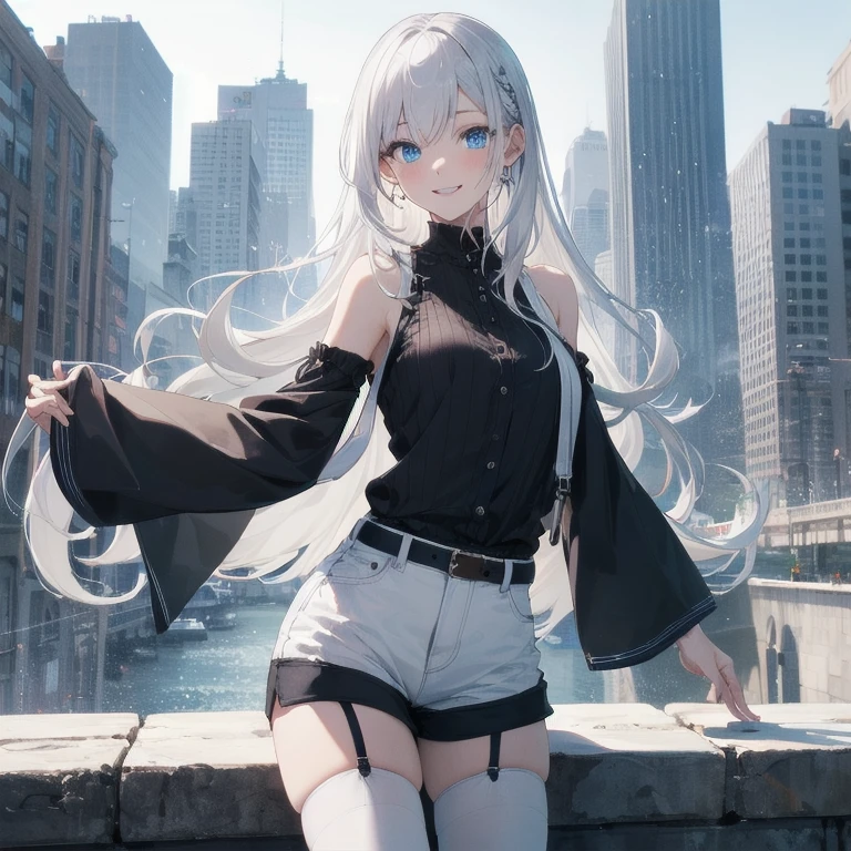 (Masterpiece, Best quality, ultra high resolution), 1 girl, Silver hair, Pale skin, Beautiful detailed face, Detailed eyes, posing on a, On a white background, Dynamic lighting, dynamic shadowing, looking at viewer, White stone punk fashion,(Posing for a photo),((White clothes)), (((black thigh highs))), jean shorts, skirt, white sweater, ((Blue eyes)), happy, smiling, black straps, black strap design, ((Long white hair)), energetic, cheerful, cityscape background