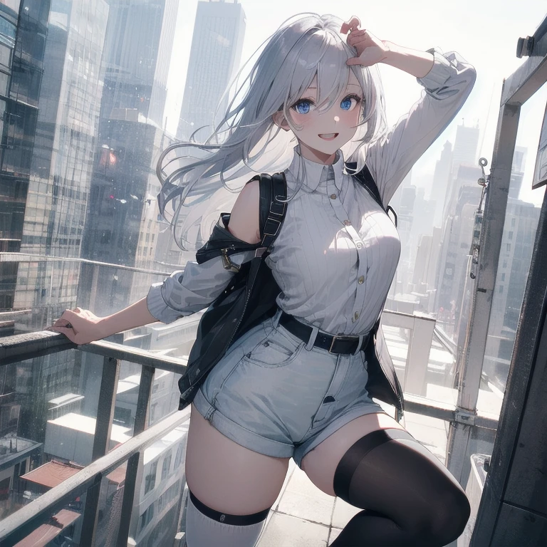 (Masterpiece, Best quality, ultra high resolution), 1 girl, Silver hair, Pale skin, Beautiful detailed face, Detailed eyes, posing on a, On a white background, Dynamic lighting, dynamic shadowing, looking at viewer, White stone punk fashion,(Posing for a photo),((White clothes)), (((black thigh highs))), jean shorts, skirt, white sweater, ((Blue eyes)), happy, smiling, black straps, black strap design, ((Long white hair)), energetic, cheerful, cityscape background