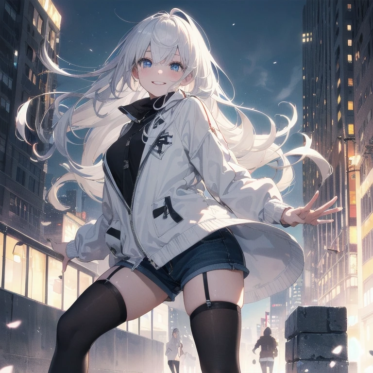 (Masterpiece, Best quality, ultra high resolution), 1 girl, Silver hair, Pale skin, Beautiful detailed face, Detailed eyes, posing on a, On a white background, Dynamic lighting, dynamic shadowing, looking at viewer, White stone punk fashion,(Posing for a photo),((White clothes)), (((black thigh highs))), jean shorts, skirt, white sweater, ((Blue eyes)), happy, smiling, black straps, black strap design, ((Long white hair)), energetic, cheerful, cityscape background