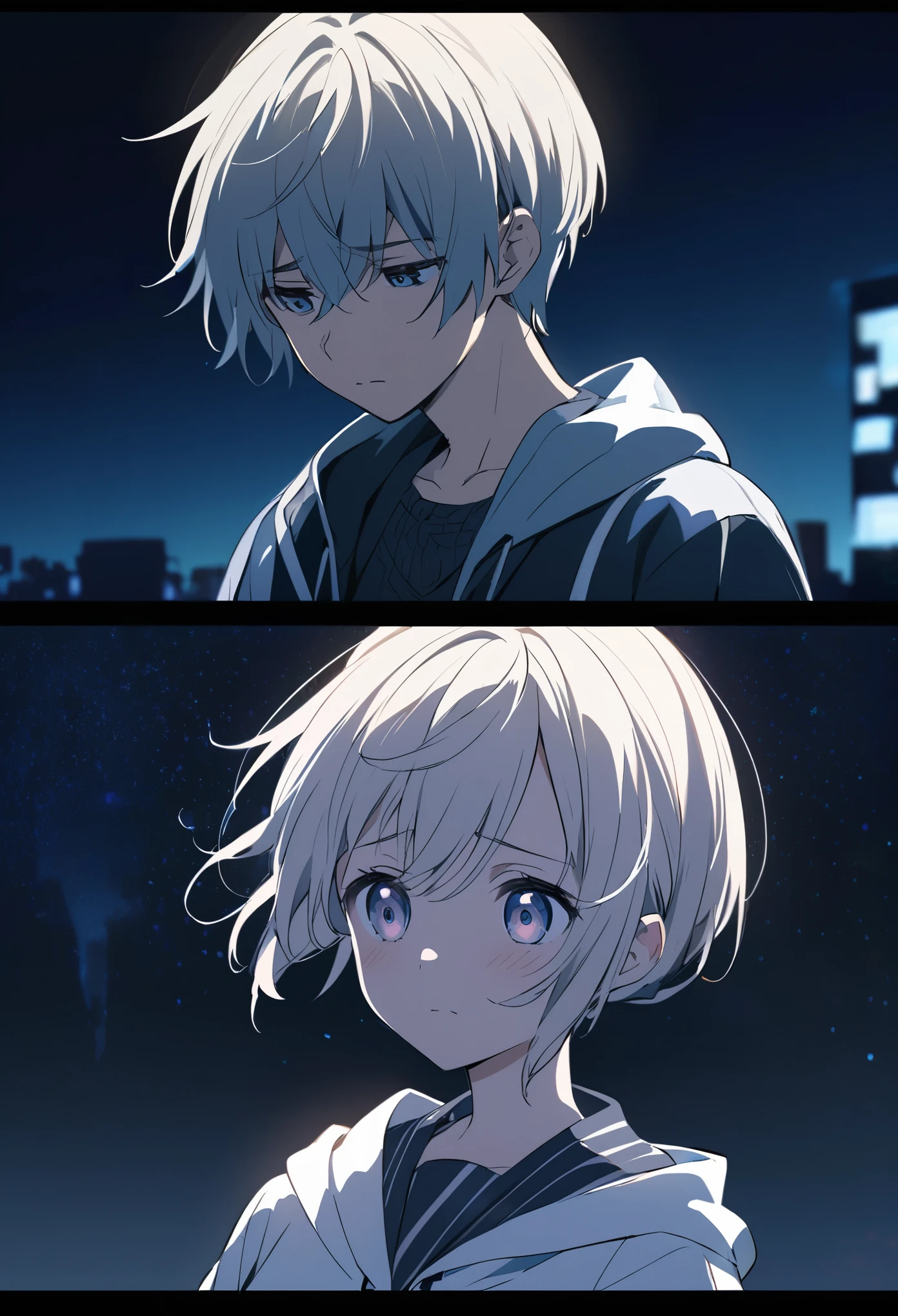 Sad anime girl on the left. sad anime boy in the right. Night background