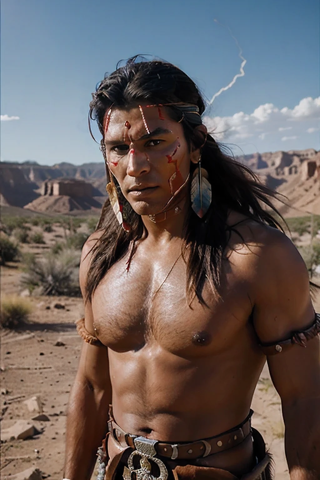 a male cherokee indian, brave indian in the desert, retro, full details, 8k full realist, ultra realistic with lightning feathers and blood mask