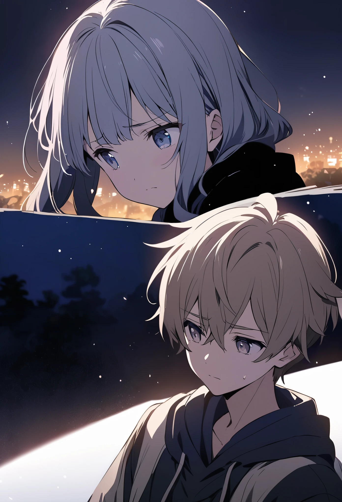 Sad anime girl on the left. sad anime boy in the right. Night background