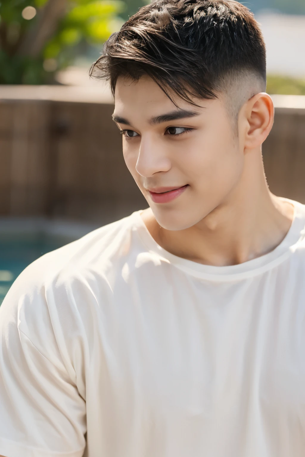 20 year old young man , (Crew Cut Hairstyle: 1.3 ), black hair, short hair details, burly handsome man , (White shirt, round neck, short sleeves: 1.3) ,White swimming trunks, stalwart, handsome, outdoor, Take a shower with steam., hot spring, Onsen, sweat, Look at the viewer., depth of field, Bokeh, Detailed background, Detailed light, Diffused natural sunlight, Skin glows naturally, Symmetrical eyes, Big smile