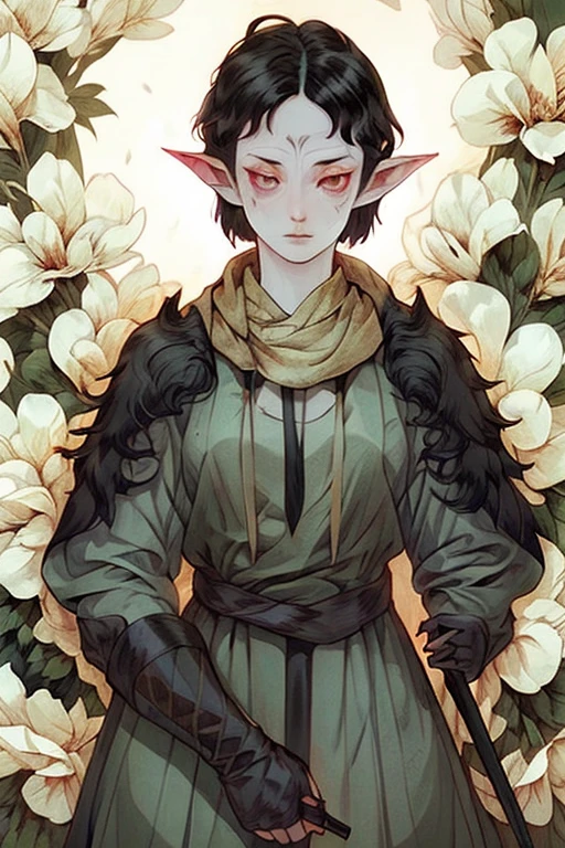 In Merrill, 1 girl, flower, Pointed ears, One, black hair, short hair, Scar, a knife, weapon, tears, elf, face tattoo
