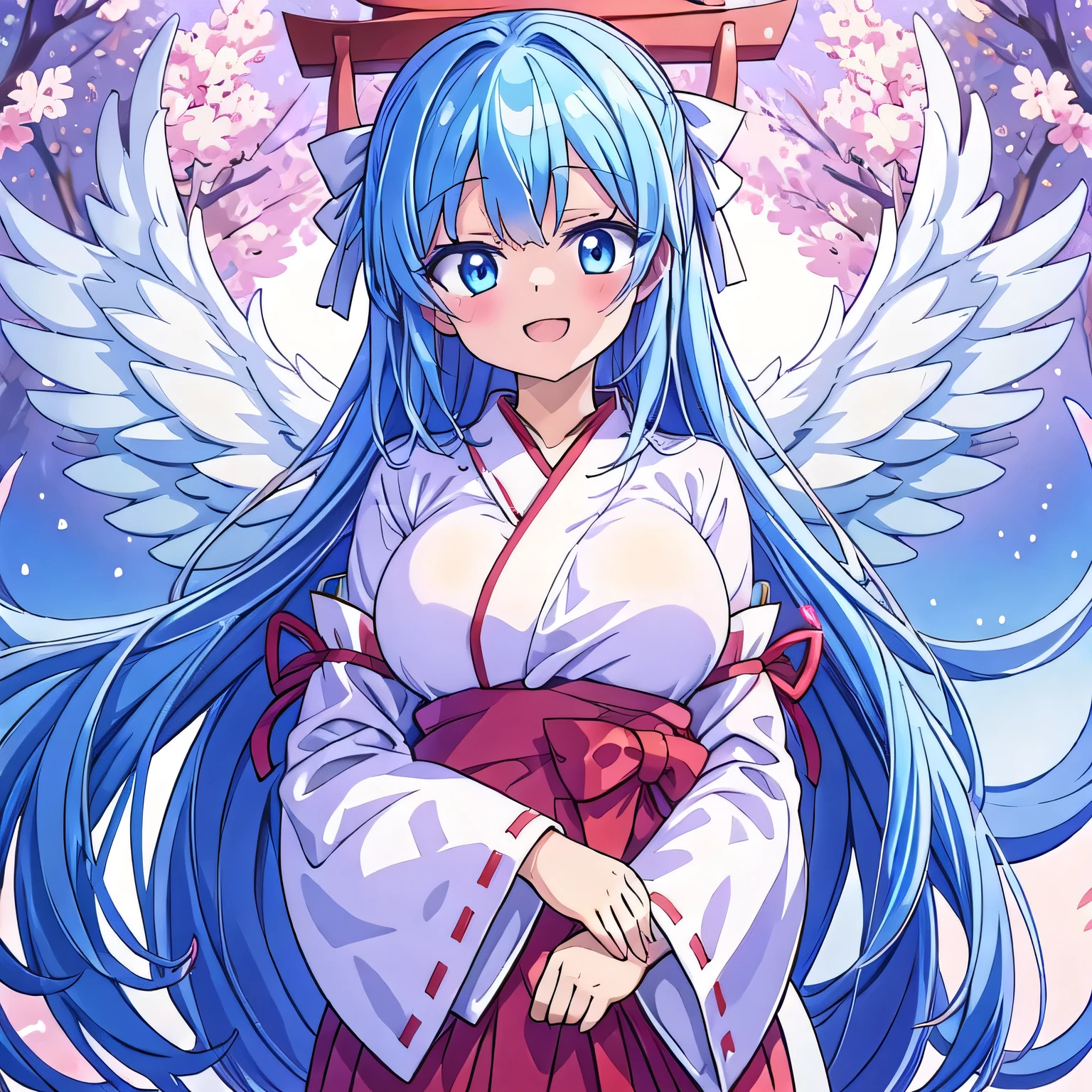 highest quality　High resolution　White ribbon　Shoelace knot　Embarrassed　lie on a bed　Simple Shrine maiden outfit　Shrine maiden服　Anime style illustrations　Shrine maiden　cute　Big Breasts　smile　Scarlet hakama　Bright Blue Eyes　Hime cut 　One Woman　Light blue hair　semi-long　　Wide sleeves　Long hem　cute eyes　Cherry blossom background　