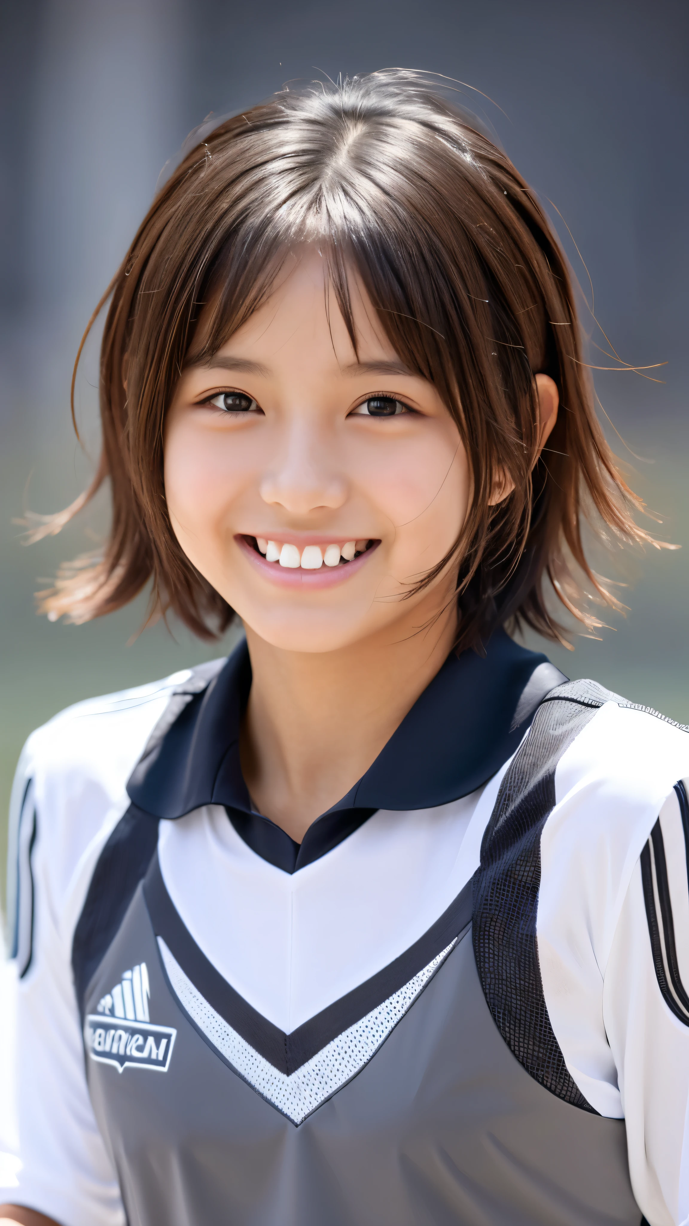 (Gray background:1.5, Close-up shot:1), (Realistic:1.4), (highest quality:1.0), (Ultra-high resolution:1.0), 8k, RAW Photos, (masterpiece:0.2), One girl, Beautiful Skin, Detailed skin, Big smile, teeth, (short hair:1), (Soccer uniforms:1.2)