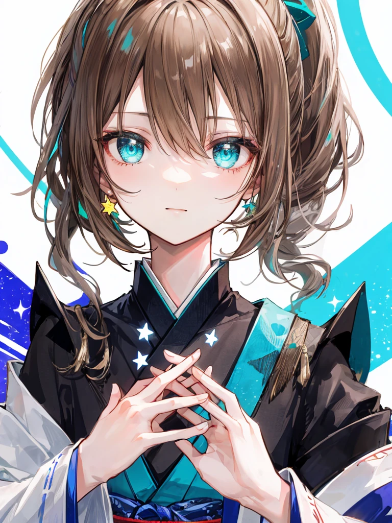 highest quality、muste piece、super detailed、perfect face、very detailed、very delicate、1 boy, (light brown hair)、ponytail, light blue eyes, noble clothes、 full of confidence, please keep your mouth shut、expressive eyes, collofull eyes, contrast, shadowy, muste piece, digital art, shining eyes, Intimidating, damaged, devilish, Japanese-style background, white, black and teal、A bright white star floats in both hands、fear、universe、whole body、star
