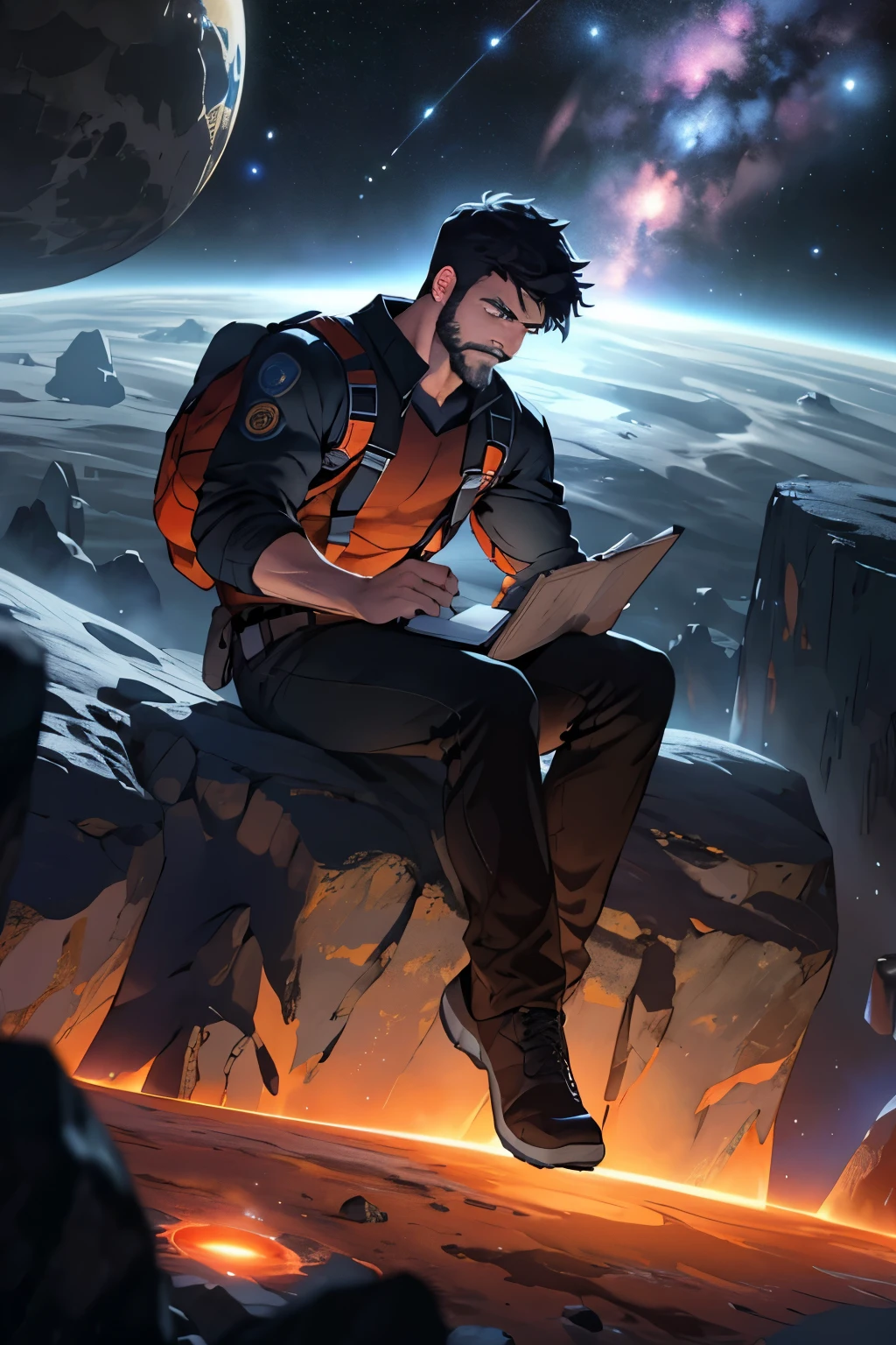 Draw a young programmer, sitting on a research platform floating in the middle of an asteroid belt. He is studying with a notebook, surrounded by several asteroids glowing with fiery auras. Dramatic lighting from distant stars and planets illuminates the scene, casting deep shadows on the suit. The young man looks confident and determined, looking at the vast and mysterious universe with wonder and respect,facial hair, cowboy shot,