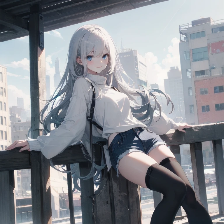 (Masterpiece, Best quality, ultra high resolution), 1 girl, Silver hair, Pale skin, Beautiful detailed face, Detailed eyes, posing on a, On a white background, Dynamic lighting, dynamic shadowing, looking at viewer, White stone punk fashion,(Posing for a photo),((White clothes)), (((black thigh highs))), jean shorts, skirt, white sweater, ((Blue eyes)), happy, smiling, black straps, black strap design, ((Long white hair)), energetic, cheerful, cityscape background