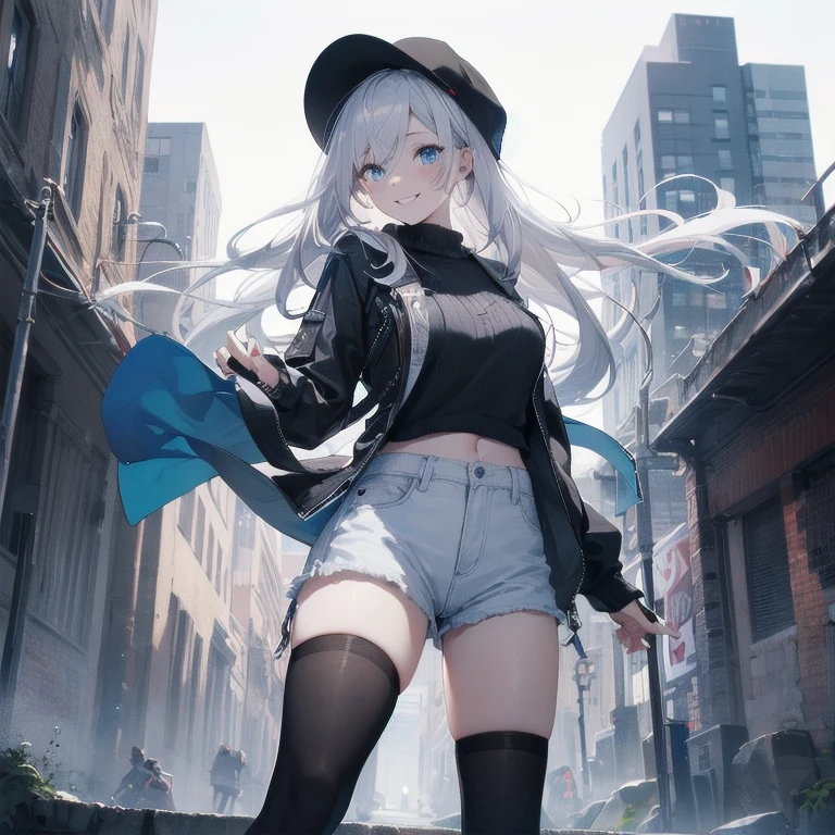 (Masterpiece, Best quality, ultra high resolution), 1 girl, Silver hair, Pale skin, Beautiful detailed face, Detailed eyes, posing on a, On a white background, Dynamic lighting, dynamic shadowing, looking at viewer, White stone punk fashion,(Posing for a photo),((White clothes)), (((black thigh highs))), jean shorts, skirt, white sweater, ((Blue eyes)), happy, smiling, black straps, black strap design, ((Long white hair)), energetic, cheerful, cityscape background