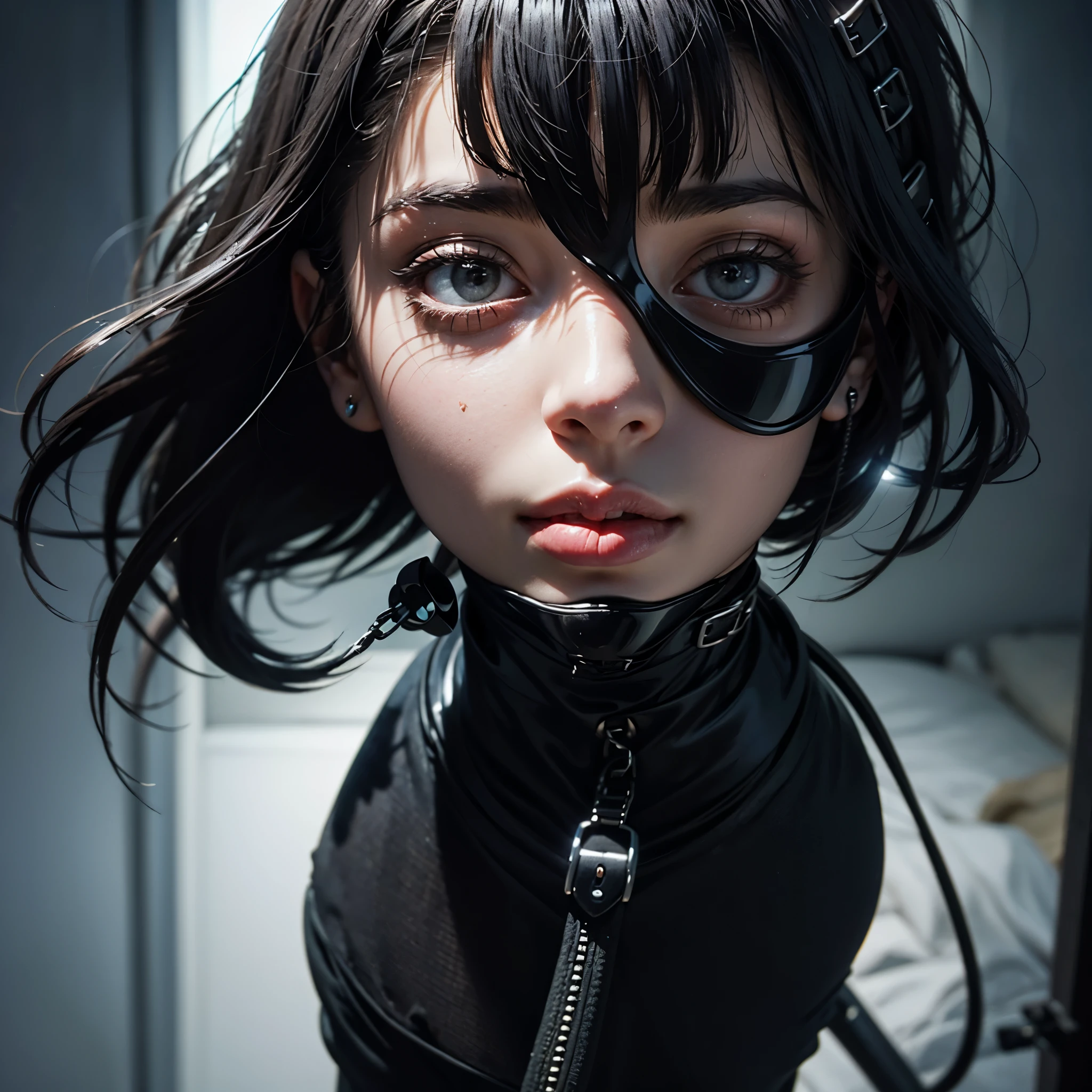 a very beautiful and very thin girl, wears black underwear with tights and latex face mask. Dunkler Raum mit nur roter Neonbeleuchtung. Viele Details, extremely realistic. good quality, 8k