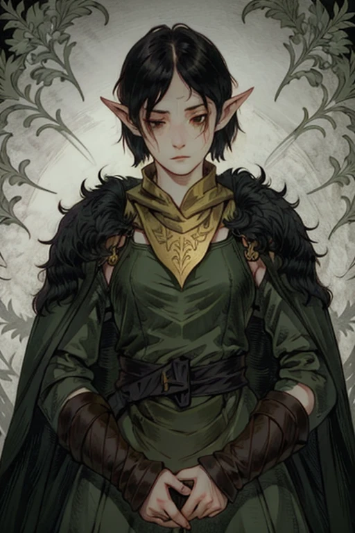 In Merrill, 1 girl, flower, Pointed ears, One, black hair, short hair, Scar, a knife, weapon, tears, elf, face tattoo
