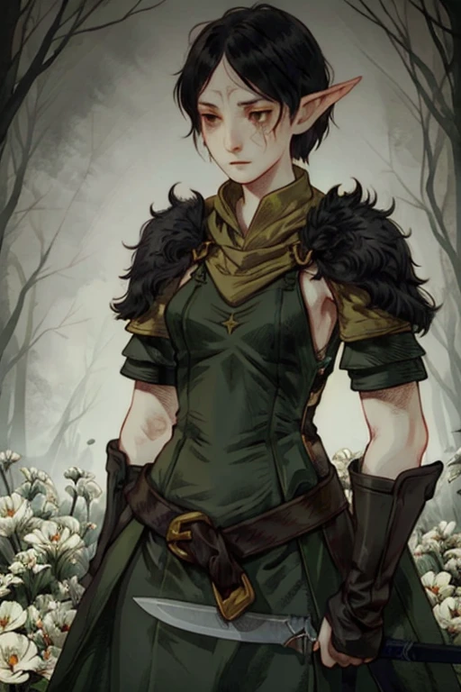 In Merrill, 1 girl, flower, Pointed ears, One, black hair, short hair, Scar, a knife, weapon, tears, elf, face tattoo
