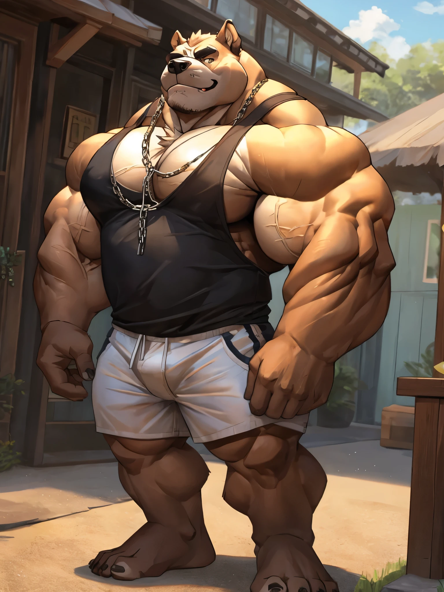  One tall bulldog with big muscular body with white shorts and a chain on his neck, tanktop