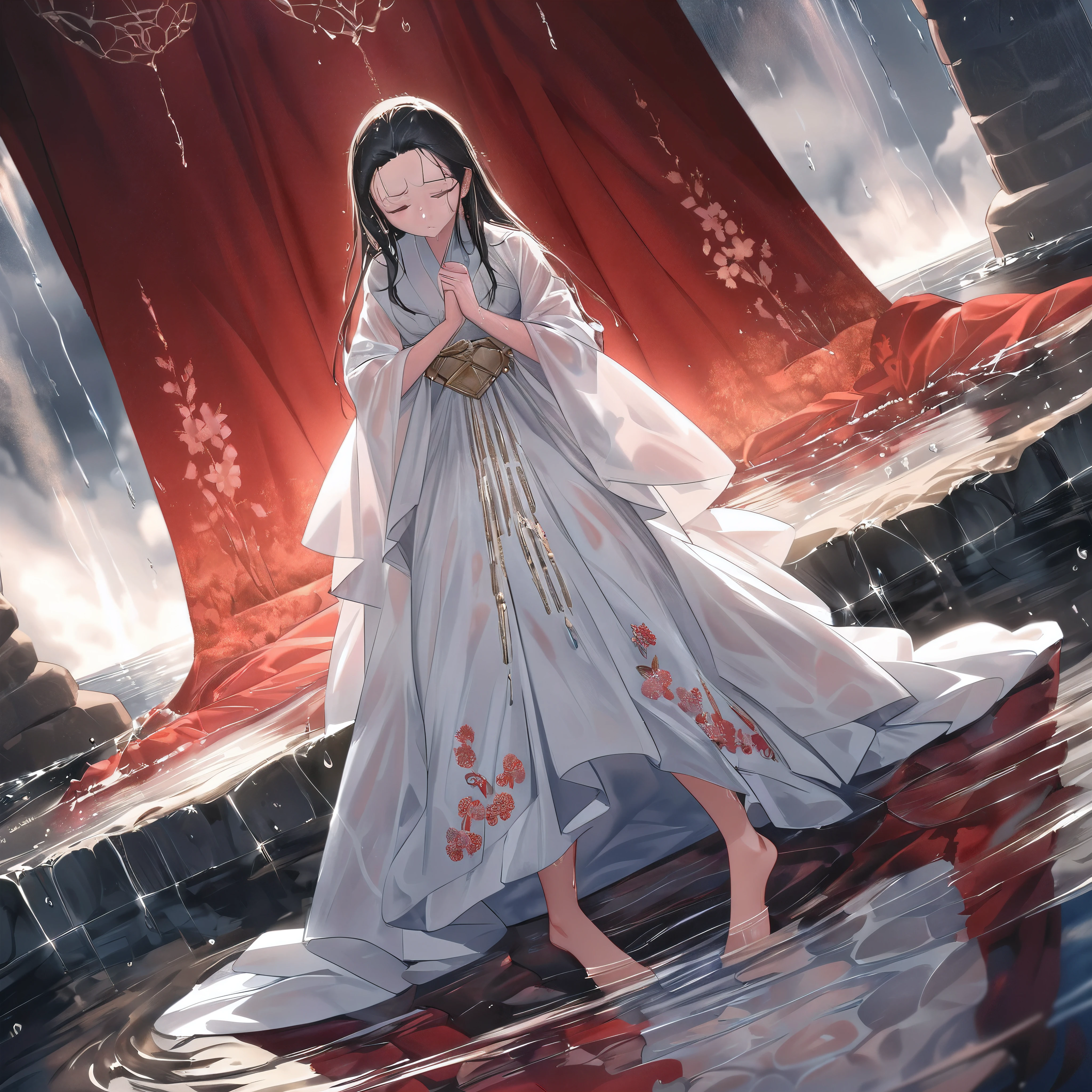 (best quality,4k,8k,highres,masterpiece:1.2),ultra-detailed,(realistic,photorealistic,photo-realistic:1.37),anime,portrait,red curtains, flowing magic robes, palace, Hanfu-wearing girl, flowing long hair and robes, floating robes, flowing white robes, flowing robes, pixiv artstation guweiz, ornate flowing robes, anime girl walking on water