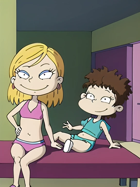angelica pickles, 1 girl, shy, beautiful face, smiling, nude body, Blonde hair with two short braids, spread legs, ass, pussy