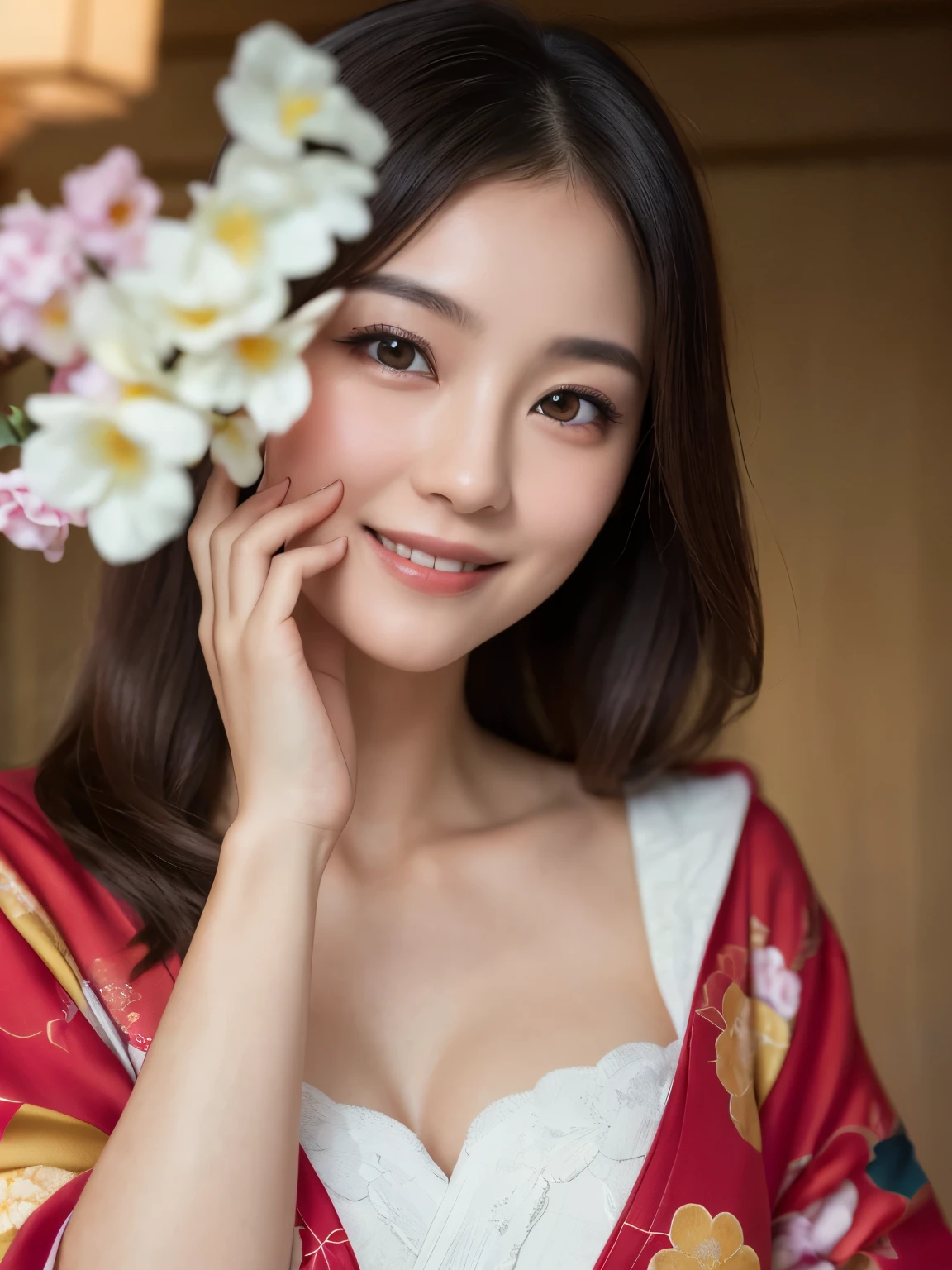 (RAW shot: 1.5, Realistic: 1.5, 8k, highest quality, masterpiece, Ultra-high resolution), Japan, Mysterious Light: 1.3, Skin and face texture: 1.3, cute slim woman, Sexy beauty, Perfect Style, Beautiful Skin, Very beautiful face, (はにかんだsmile, Facial expressions when feeling happy), (wear Kimono: 1.1), (Close-up shot, Full Body Tattoo, night, Fascinating Light)、(Anatomically correct)、(Perfect body proportions)、(Natural Hands、Natural Fingers)、(Breast Goddess, Woman born from flowers, ((Round face)), Realistic Eye Size, Droopy eyes, smile,I'm bathed in dazzling light、Big Eyes、Droopy eyes