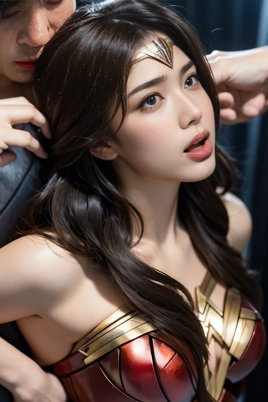 私はWonder Womanです、完璧なWonder Womanの衣装,お姫様Hugged,Hugged，Hugged，Can be lifted，Men lick my face with their tongues,The guys lick my head with their tongues,Men lick my hair with their tongues,My body is licked by men,sleeping face,Close ~ eyes,Open your mouth,Tired face,Face of Suffering,sleeping face,slap,Getting punched in the face,Conflict with men,Fight with the men,Surrounded by men,,caught between men,Being held back by men,Entanglement with males, Attacked by men,Brown Hair,  masterpiece、beautiful girl、fine 目、puffy eyes、highest quality, 超High resolution, (reality: 1.4), Cinema Lighting,so beautiful、Beautiful Skin、(超reality的な)、(High resolution)、(8k)、(Very detailed)、(beautiful and fine 目)、(Very detailed)、 Detailed face、Diagonal bangle hair、Brown Hair、20-year-old、Wonder Womanのコスプレ，Wonder Woman