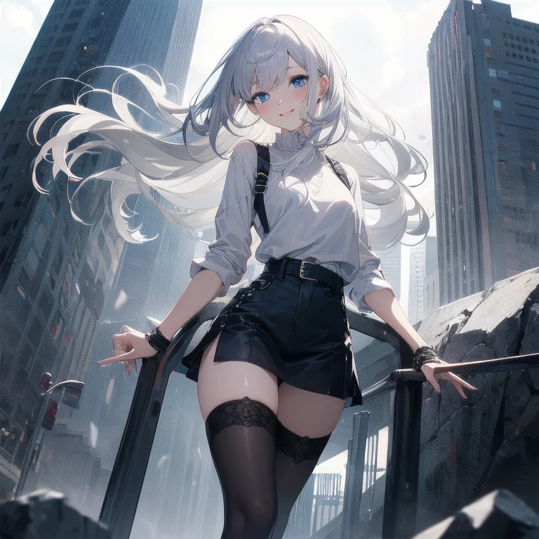 (Masterpiece, Best quality, ultra high resolution), 1 girl, Silver hair, Pale skin, Beautiful detailed face, Detailed eyes, posing on a, On a white background, Dynamic lighting, dynamic shadowing, looking at viewer, White stone punk fashion,(Posing for a photo),((White clothes)), (((black thigh highs))), jean shorts, skirt, white sweater, ((Blue eyes)), happy, smiling, black straps, black strap design, ((Long white hair)), energetic, cheerful, cityscape background