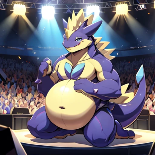 Pokemon LowkeyToxtricity, wink, blue belly, blue abdomen bashful, cute, huge belly, blue belly, on a concert stage, blue abdomen, blue chest, blue