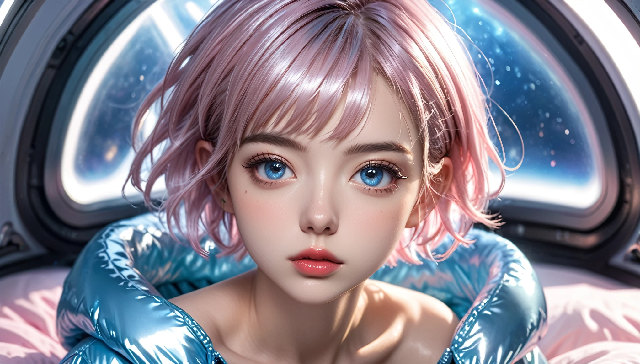 (8K, Raw photography, top-quality, ​masterpiece :1.3), (cute girl in a light pink blue open shiny puffer with short sleeves :1.3), (small perky breasts, extremely detailed face, beautiful detailed eyes, beautiful detailed lips :1.3), (posing anxiously on the bed in a spaceship :1.3) (pixie side shaved hair :1.3), (small perky breasts :1.3)