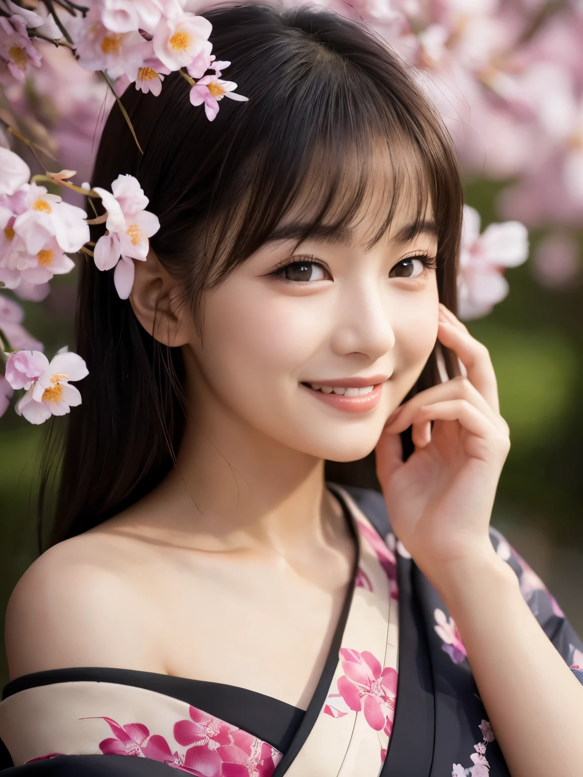 (RAW shot: 1.5, Realistic: 1.5, 8k, highest quality, masterpiece, Ultra-high resolution), Japan,  Mysterious light in the darkness: 1.3, Skin and face texture: 1.3, cute slim woman,  Sexy beauty, Perfect Style,  Beautiful Skin, Very beautiful face, (はにかんだsmile,  Facial expressions when feeling happy), (wear Kimono: 1.1),   (Close-up shot, Full Body Tattoo, night, Fascinating Light)、(Anatomically correct)、（Perfect body proportions)、(Natural Hands、Natural Fingers)、(Breast Goddess, Woman born from flowers, ((Round face)), Realistic Eye Size, Droopy eyes, smile,I&#39;m bathed in dazzling light、Big Eyes、Droopy eyes