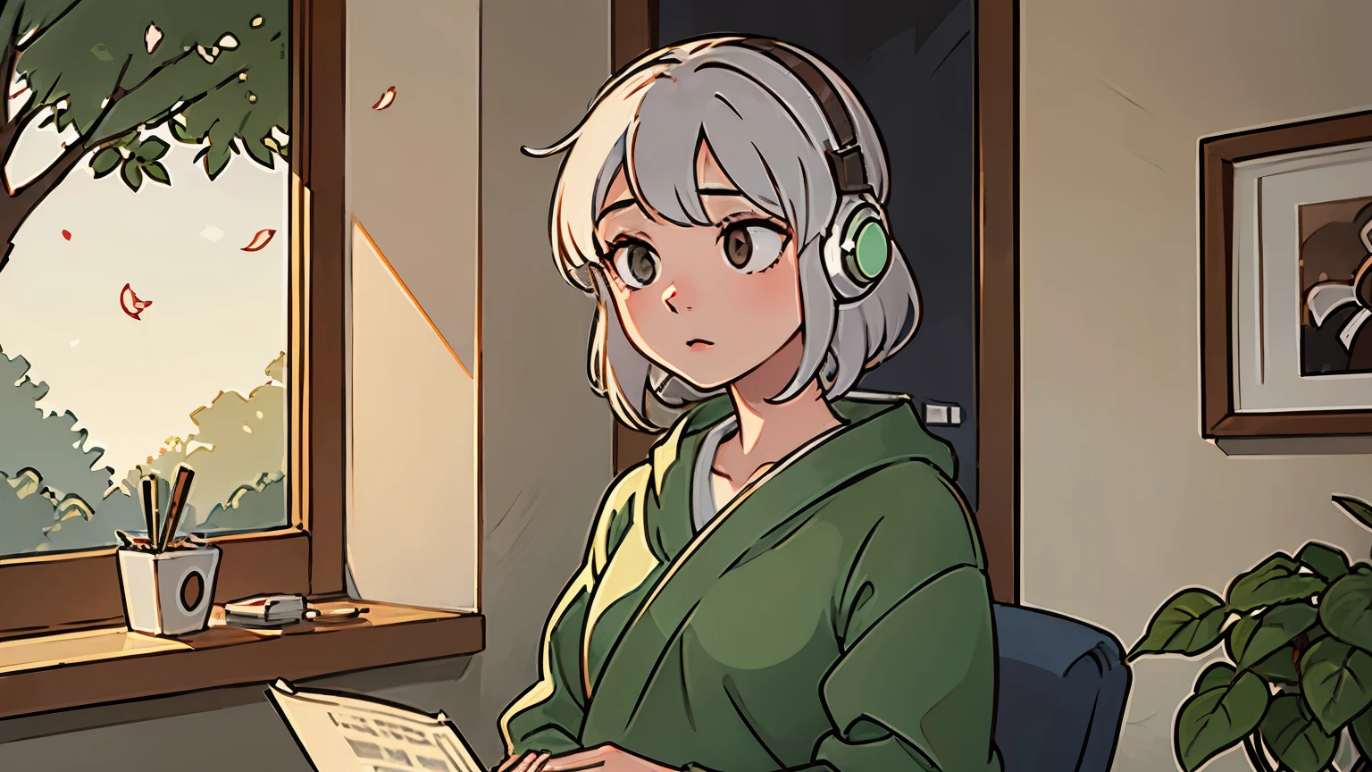 A beautiful girl studying in her room while listening to music with earphones Neutral white lighting Outside the room, green leaves and sunlight filtering through the trees Japanese anime style