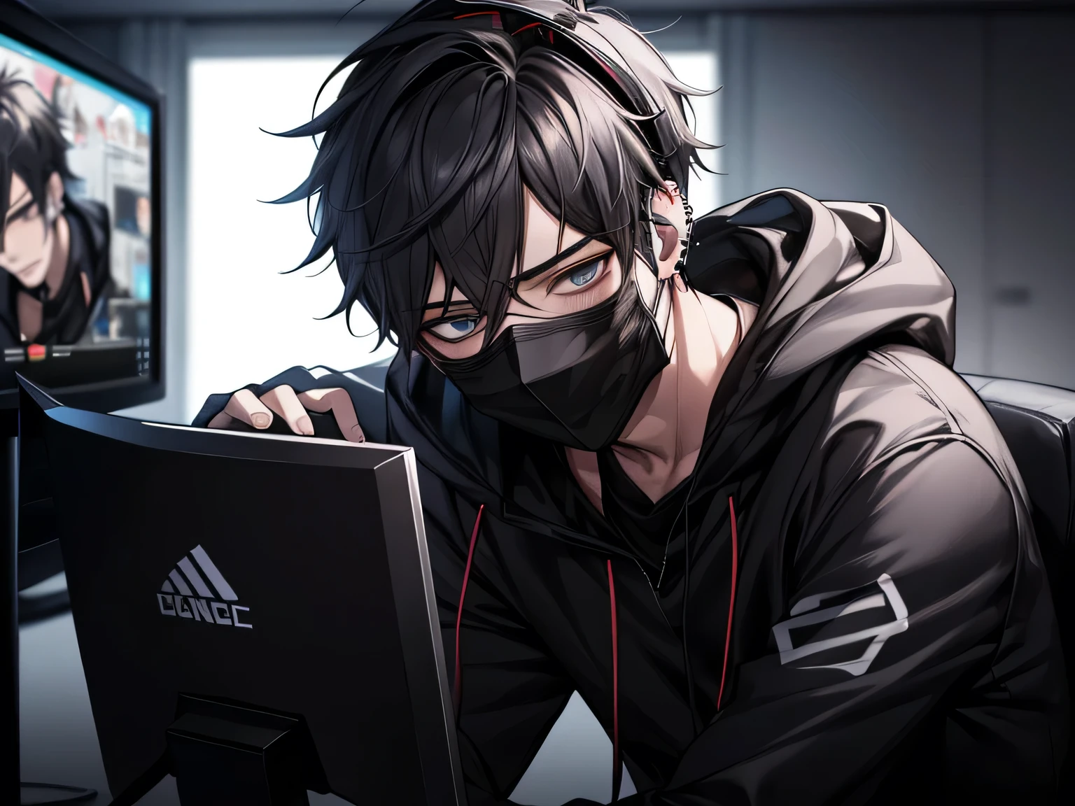 Dynamic Angle,Face close-up,One boy,Adult,(Simple black mask),Tired look,Yandere,highest quality,Gamer,Facial details,,(Headphones),Ear piercing,sit in front of the computer and play games, Esports Room