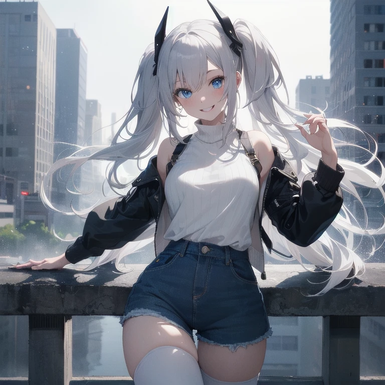 (Masterpiece, Best quality, ultra high resolution), 1 girl, Silver hair, Pale skin, Beautiful detailed face, Detailed eyes, posing on a, On a white background, Dynamic lighting, dynamic shadowing, looking at viewer, White stone punk fashion,(Posing for a photo),((White clothes)), (((black thigh highs))), ((jean shorts, skirt)), white sweater, ((Blue eyes)), happy, smiling, black straps, black strap design, ((Long white hair)), energetic, cheerful, cityscape background