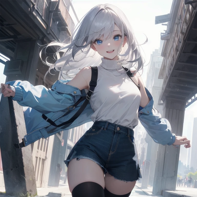 (Masterpiece, Best quality, ultra high resolution), 1 girl, Silver hair, Pale skin, Beautiful detailed face, Detailed eyes, posing on a, On a white background, Dynamic lighting, dynamic shadowing, looking at viewer, White stone punk fashion,(Posing for a photo),((White clothes)), (((black thigh highs))), ((jean shorts, skirt)), white sweater, ((Blue eyes)), happy, smiling, black straps, black strap design, ((Long white hair)), energetic, cheerful, cityscape background