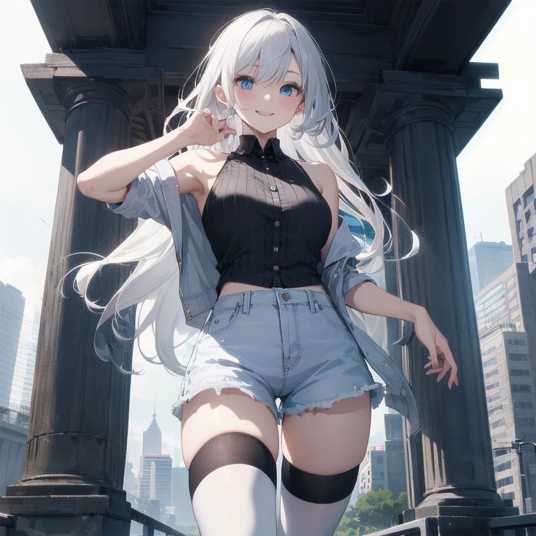 (Masterpiece, Best quality, ultra high resolution), 1 girl, Silver hair, Pale skin, Beautiful detailed face, Detailed eyes, posing on a, On a white background, Dynamic lighting, dynamic shadowing, looking at viewer, White stone punk fashion,(Posing for a photo),((White clothes)), (((black thigh highs))), ((jean shorts, skirt)), white sweater, ((Blue eyes)), happy, smiling, black straps, black strap design, ((Long white hair)), energetic, cheerful, cityscape background