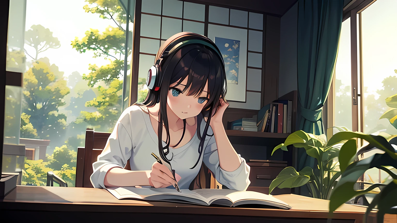A beautiful girl studying in her room while listening to music with earphones Neutral white lighting Outside the room, green leaves and sunlight filtering through the trees Japanese anime style